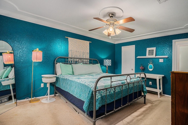 704 Vaughn Dr, Burleson, TX 76028 - bedroom with carpet flooring, a textured wall, crown molding, baseboards, and ceiling fan
