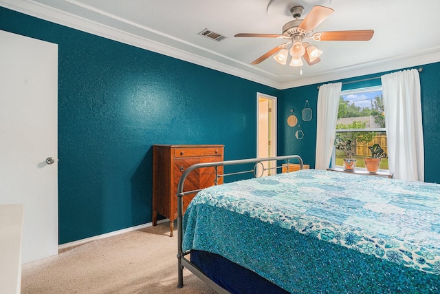704 Vaughn Dr, Burleson, TX 76028 - carpeted bedroom featuring ornamental molding, a ceiling fan, and baseboards
