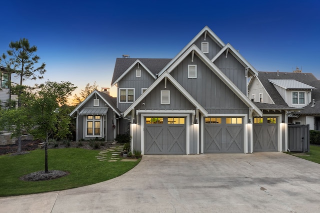 14800 Kiawah Dr, Malakoff, TX 75148 - modern farmhouse featuring board and batten siding, a chimney, an attached garage, concrete driveway, and a yard