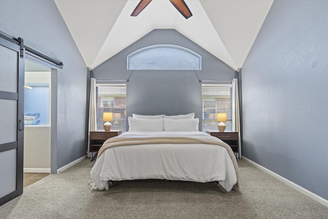 6436 Branchwood Trl, The Colony, TX 75056 - bedroom with carpet flooring, vaulted ceiling, ceiling fan, a barn door, and baseboards