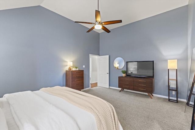 6436 Branchwood Trl, The Colony, TX 75056 - carpeted bedroom with high vaulted ceiling, baseboards, and a ceiling fan