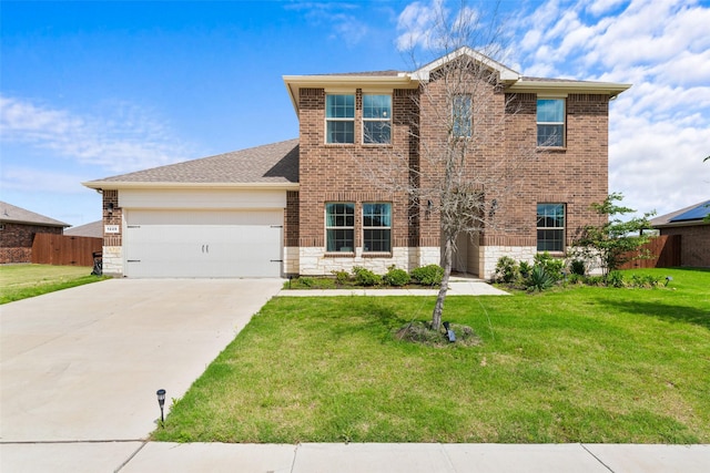 1225 Rolling Meadows Dr, Cedar Hill, TX 75104 - traditional-style house with concrete driveway, a garage, brick siding, and stone siding