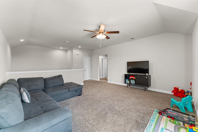 1225 Rolling Meadows Dr, Cedar Hill, TX 75104 - living room featuring lofted ceiling, ceiling fan, recessed lighting, baseboards, and carpet floors