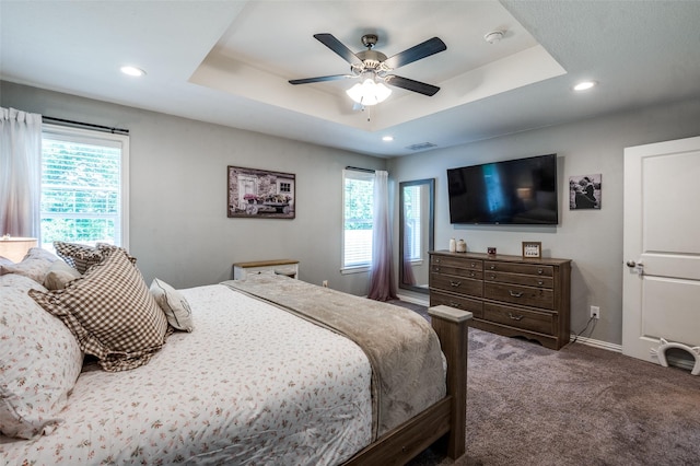 211 Hilltop Cir, Blue Ridge, TX 75424 - carpeted bedroom with multiple windows, a raised ceiling, recessed lighting, ceiling fan, and baseboards