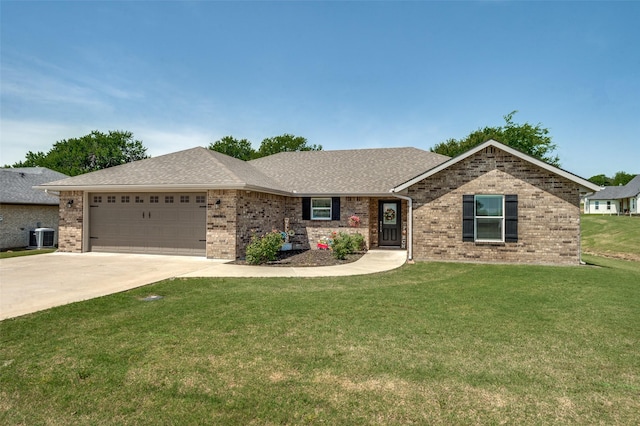 211 Hilltop Cir, Blue Ridge, TX 75424 - ranch-style house featuring an attached garage, brick siding, concrete driveway, a front yard, and roof with shingles
