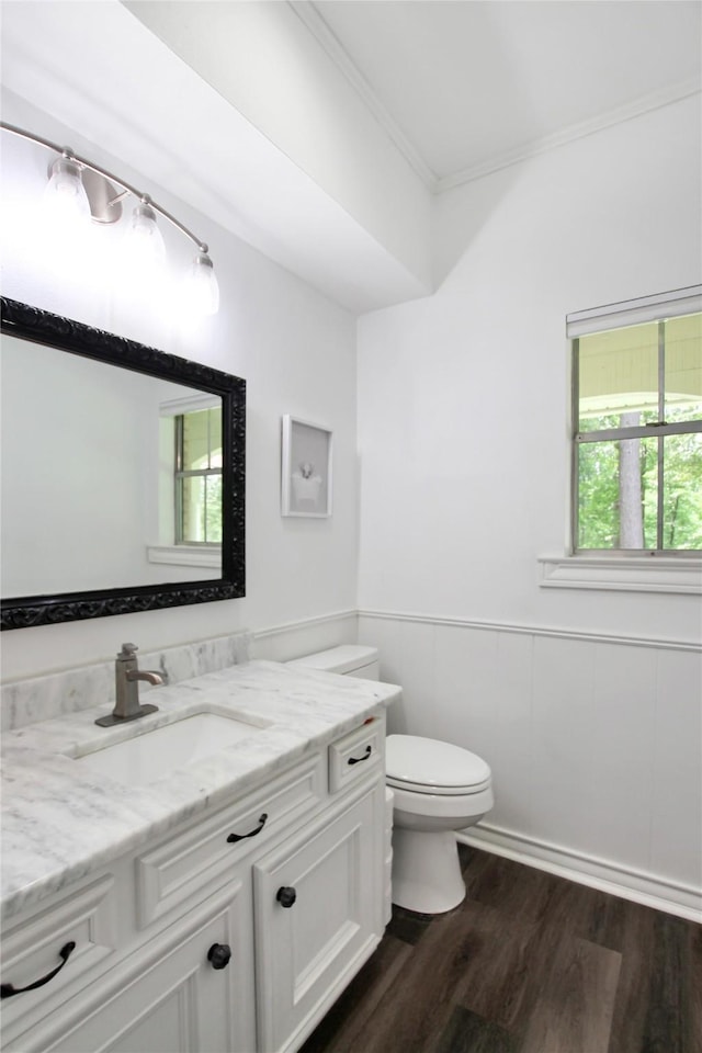 19413 US Highway 79 E, Jacksonville, TX 75766 - bathroom with crown molding, toilet, wood finished floors, vanity, and a wainscoted wall