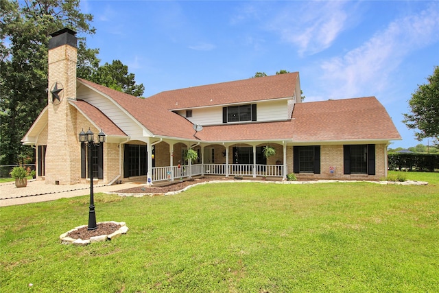 19413 US Highway 79 E, Jacksonville, TX 75766 - view of front of house with a chimney, a porch, brick siding, and a front lawn