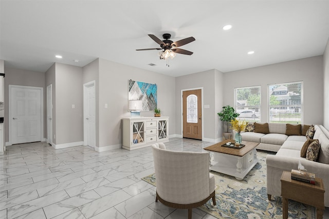 2636 Carter Ave, Fort Worth, TX 76103 - living room with light marble finish flooring, recessed lighting, ceiling fan, and baseboards