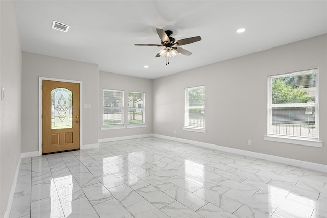 2636 Carter Ave, Fort Worth, TX 76103 - entryway with light marble finish floors, a ceiling fan, baseboards, and recessed lighting