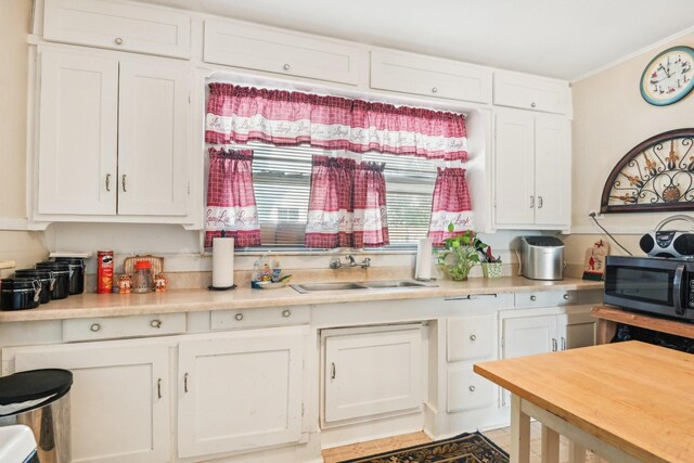 2509 Bird St, Fort Worth, TX 76111 - kitchen with light countertops, white cabinetry, a sink, and crown molding