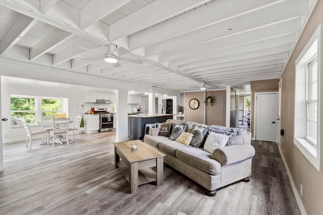 7928 Farm Rd Unit 127, Mount Pleasant, TX 75455 - living area with ceiling fan, light wood-type flooring, beamed ceiling, and baseboards