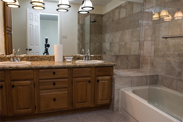 1101 Quail Valley Ln Unit 211, Arlington, TX 76011 - bathroom with a tile shower, a tub to relax in, double vanity, and tile patterned flooring
