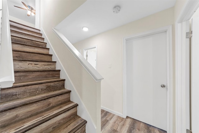 2935 Maydelle Ln, Farmers Branch, TX 75234 - stairs featuring wood finished floors and a ceiling fan