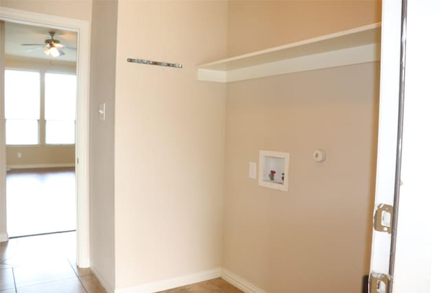 414 Stonecreek Dr, Princeton, TX 75407 - laundry area featuring washer hookup, a ceiling fan, light tile patterned flooring, and baseboards