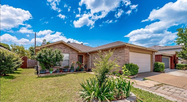 ranch-style home with a garage, driveway, and brick siding
