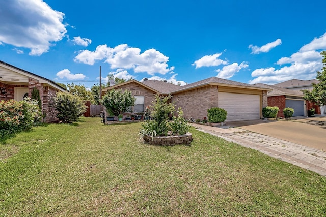 ranch-style house with concrete driveway, a front yard, a garage, and brick siding