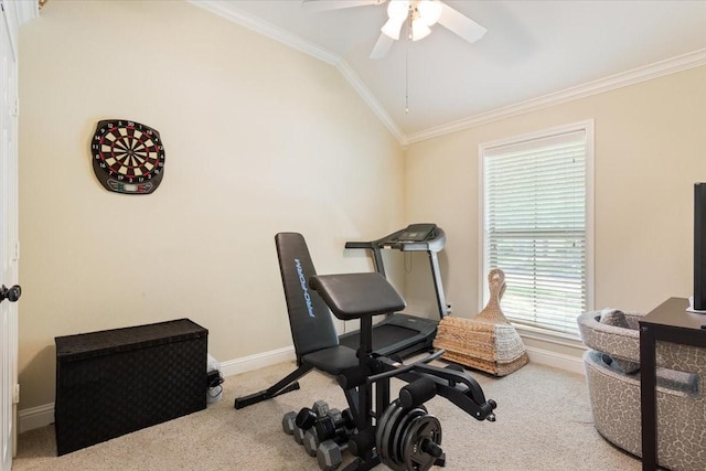 213 Desert Sky Dr, Mcgregor, TX 76657 - workout room featuring lofted ceiling, ornamental molding, carpet, a ceiling fan, and baseboards