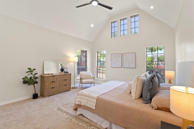 1403 Petersburgh Pl, Allen, TX 75013 - carpeted bedroom with high vaulted ceiling, baseboards, recessed lighting, and ceiling fan