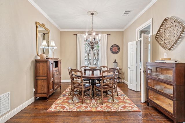 8917 Cypress Creek Rd, Lantana, TX 76226 - dining space with a chandelier, ornamental molding, dark wood-type flooring, and baseboards