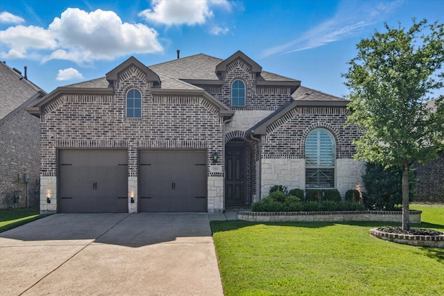 3503 Jersey Rd, Melissa, TX 75454 - french provincial home with concrete driveway, a front yard, stone siding, brick siding, and a shingled roof