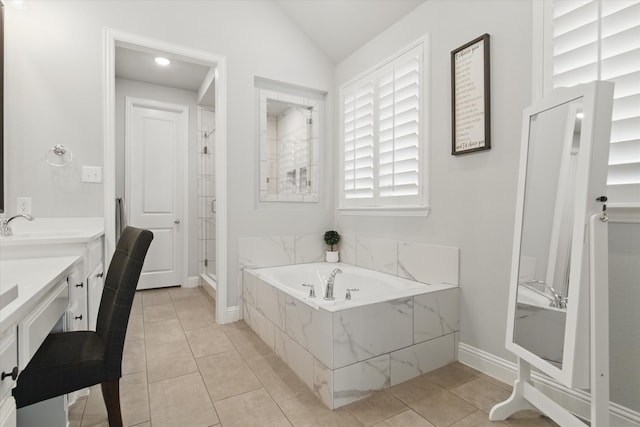 3503 Jersey Rd, Melissa, TX 75454 - bathroom with a bath, vaulted ceiling, a shower stall, vanity, and tile patterned floors
