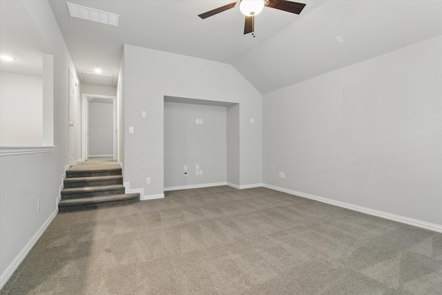 3503 Jersey Rd, Melissa, TX 75454 - carpeted spare room featuring ceiling fan, lofted ceiling, baseboards, stairway, and recessed lighting