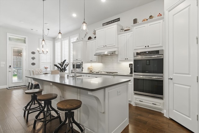 3503 Jersey Rd, Melissa, TX 75454 - kitchen featuring appliances with stainless steel finishes, backsplash, dark wood-type flooring, under cabinet range hood, and recessed lighting