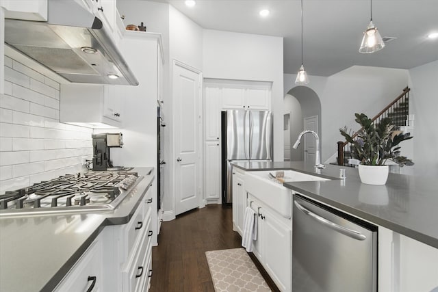 3503 Jersey Rd, Melissa, TX 75454 - kitchen featuring appliances with stainless steel finishes, range hood, arched walkways, a sink, and tasteful backsplash