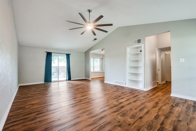 2005 Parkside Dr, Denton, TX 76201 - spare room featuring a ceiling fan, high vaulted ceiling, wood finished floors, baseboards, and built in shelves