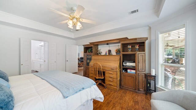 253 Valtie Davis Rd, Combine, TX 75159 - bedroom with a tray ceiling, dark wood-style floors, ornamental molding, an office area, and ceiling fan