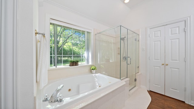 253 Valtie Davis Rd, Combine, TX 75159 - bathroom featuring healthy amount of natural light, a whirlpool tub, a shower stall, and ornamental molding