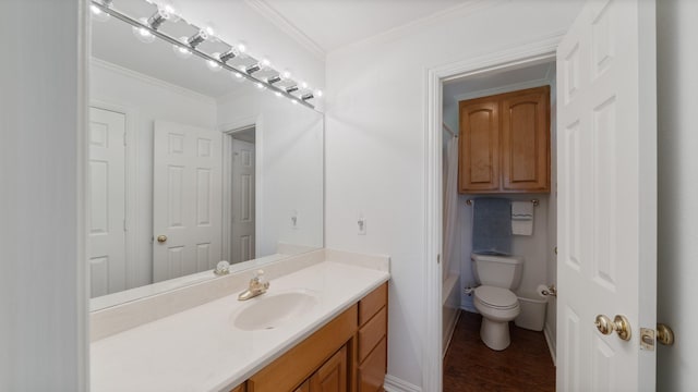 253 Valtie Davis Rd, Combine, TX 75159 - bathroom with toilet, vanity, ornamental molding, wood finished floors, and baseboards