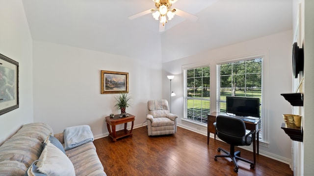 253 Valtie Davis Rd, Combine, TX 75159 - home office with vaulted ceiling, a ceiling fan, wood finished floors, and baseboards