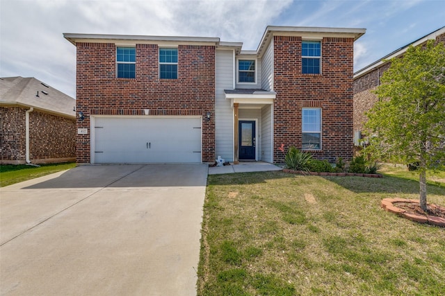 412 Lowery Oaks Trl, Fort Worth, TX 76120 - traditional-style house with driveway, an attached garage, a front lawn, and brick siding