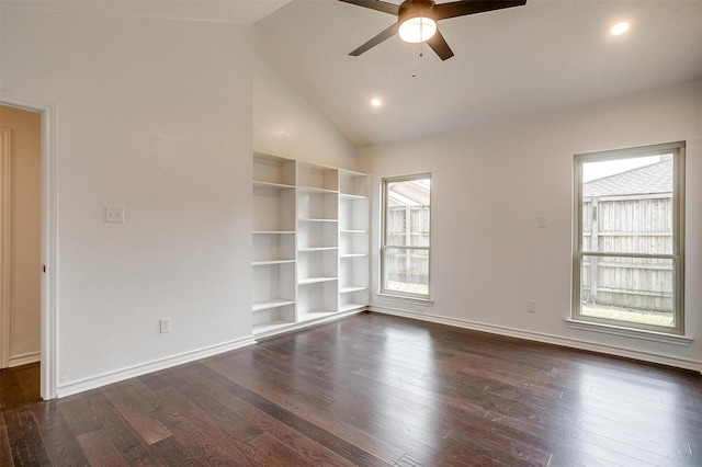 2204 Mediterranean Ave, Arlington, TX 76011 - empty room with ceiling fan, dark wood-style floors, high vaulted ceiling, baseboards, and recessed lighting
