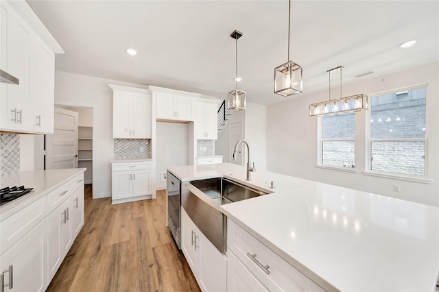 220 E Park St, Little Elm, TX 75068 - kitchen with a sink, decorative backsplash, light countertops, light wood-style flooring, and white cabinets