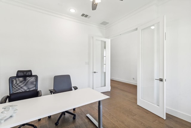 3747 Connie Ln, Frisco, TX 75033 - office space featuring ornamental molding, ceiling fan, baseboards, wood finished floors, and recessed lighting