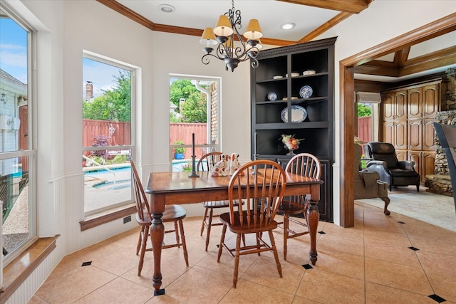 3517 Louis Dr, Plano, TX 75023 - dining room featuring light tile patterned floors, ornamental molding, and a chandelier