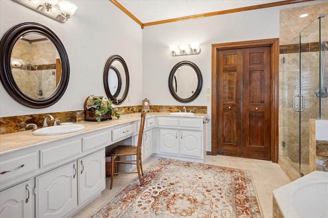 3517 Louis Dr, Plano, TX 75023 - full bath featuring ornamental molding, a shower stall, vanity, and a tub to relax in