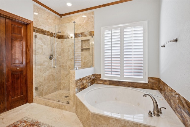 3517 Louis Dr, Plano, TX 75023 - bathroom with a shower stall, a tub with jets, and ornamental molding