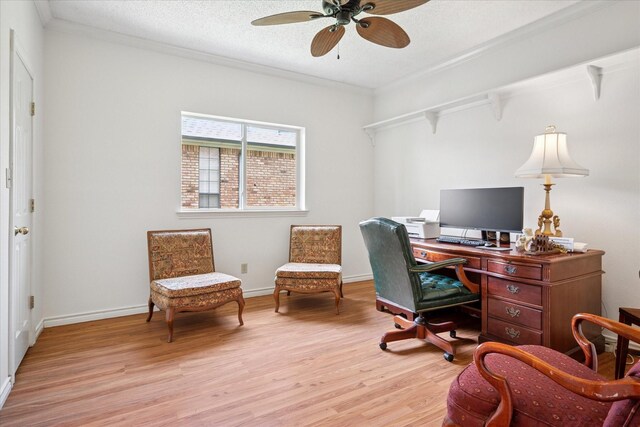3517 Louis Dr, Plano, TX 75023 - home office with light wood finished floors, a ceiling fan, ornamental molding, baseboards, and a textured ceiling