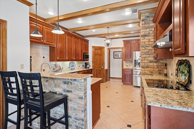 3517 Louis Dr, Plano, TX 75023 - kitchen featuring stainless steel appliances, a peninsula, under cabinet range hood, decorative backsplash, and light stone countertops