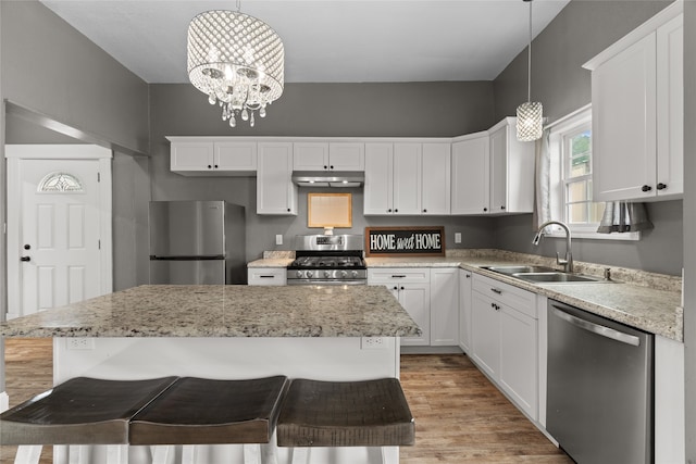 2721 Ave G, Fort Worth, TX 76105 - kitchen featuring appliances with stainless steel finishes, a sink, under cabinet range hood, and white cabinetry