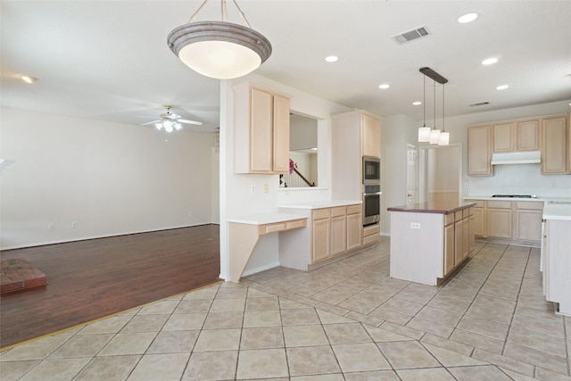 7104 Chandler Dr, Plano, TX 75024 - kitchen with appliances with stainless steel finishes, light brown cabinets, under cabinet range hood, open floor plan, and a ceiling fan