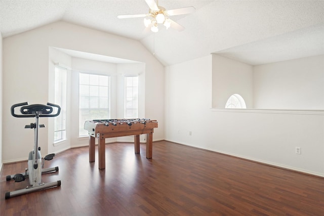 7104 Chandler Dr, Plano, TX 75024 - rec room with a ceiling fan, wood finished floors, vaulted ceiling, plenty of natural light, and baseboards