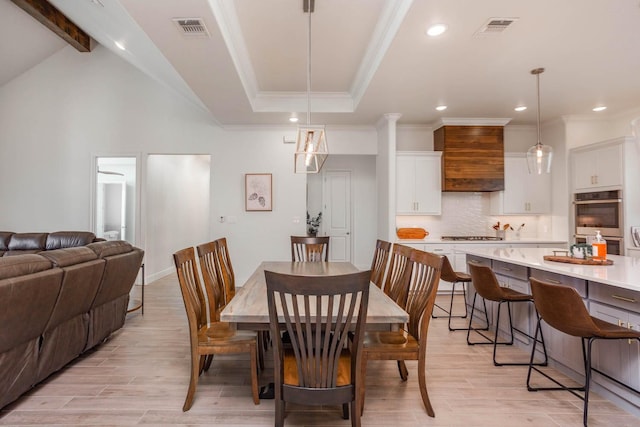 3316 Acorn Hill Trl, Weatherford, TX 76087 - dining space featuring recessed lighting, ornamental molding, light wood-type flooring, and beam ceiling