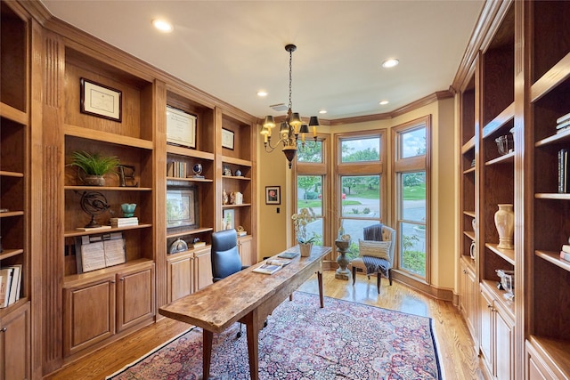 3 Savannah Ridge Dr, Frisco, TX 75034 - office space featuring a chandelier, light wood-style floors, recessed lighting, crown molding, and built in features