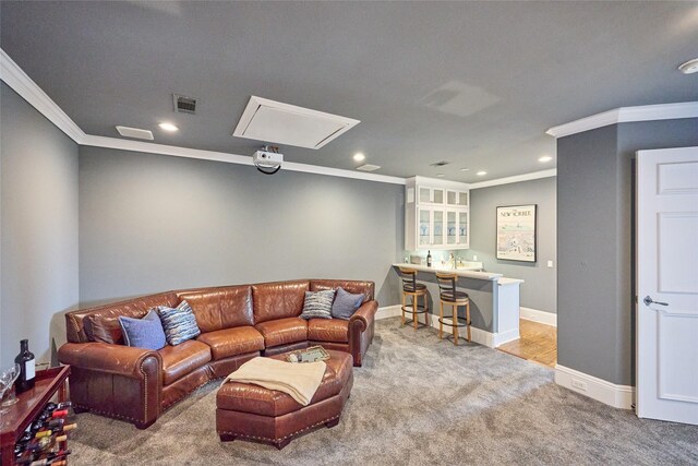 3 Savannah Ridge Dr, Frisco, TX 75034 - living area featuring attic access, light colored carpet, ornamental molding, recessed lighting, and baseboards