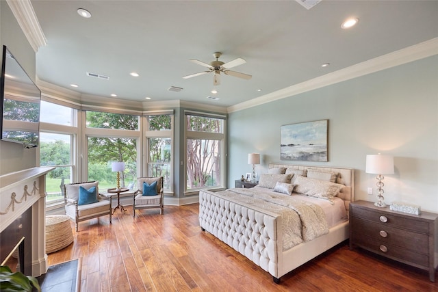 3 Savannah Ridge Dr, Frisco, TX 75034 - bedroom featuring ornamental molding, hardwood / wood-style flooring, recessed lighting, and a fireplace