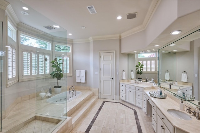 3 Savannah Ridge Dr, Frisco, TX 75034 - bathroom featuring healthy amount of natural light, crown molding, a bath, vanity, and recessed lighting